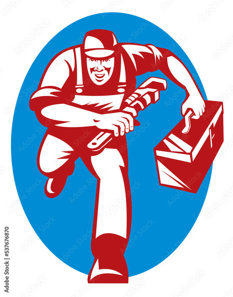 Poster illustration of a plumber with monkey wrench and toolbox running toward the viewer