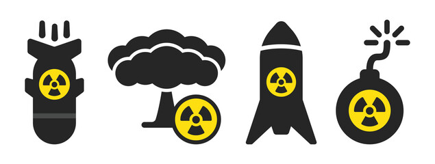 Nuclear icon set. Bomb, missile symbol. War weapon icon collection. Vector illustration. 