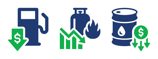 Fuel or gas price decrease icon set. Oil price down icon collection.