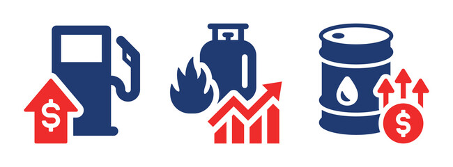 Fuel price increase icon set. Financial crisis symbol vector illustration. Oil and gas rising prices icon.