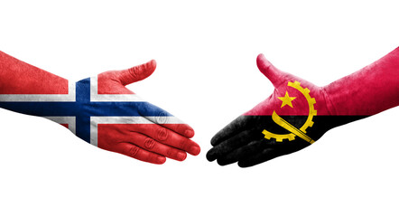 Handshake between Angola and Norway flags painted on hands, isolated transparent image.