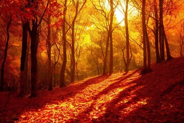 Obraz premium 絵画 イラスト 秋 紅葉 山 自然 森 風景