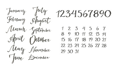 Lettering word all months year and numbers isolated on white background. Text for calendar or notebook. Hand-drawn black marker summer autumn winter spring month. Clipart for daily planner