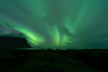 Northern lights over the sea in Iceland. Night on a beach of black volcanic sand and vegetation.
