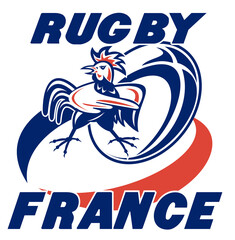 illustration of a rugby ball and french rooster cockerel with words "rugby france"