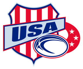 illustration of an American rugby ball shield with stars and stripes and words usa