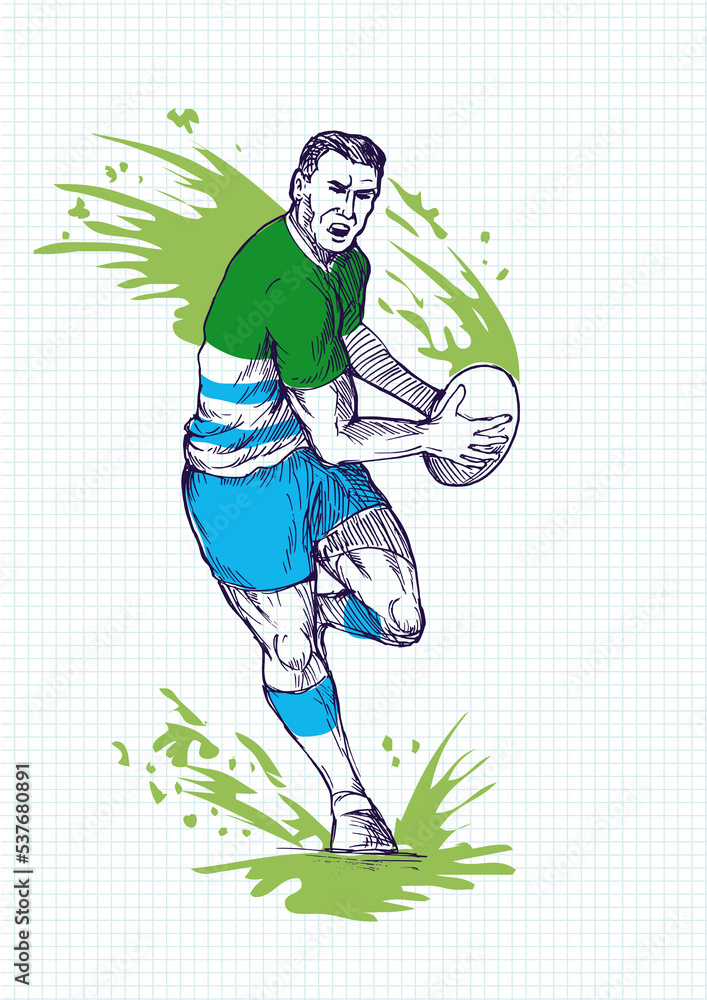 Poster illustration of a hand sketch rugby player running and passing ball with grid in the background.
