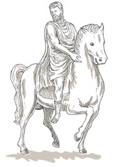hand sketched drawing illustration of a Roman emperor general or soldier riding horse