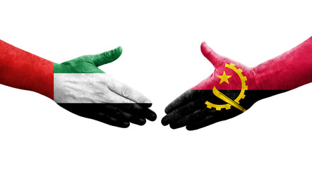 Handshake between Angola and UAE flags painted on hands, isolated transparent image.