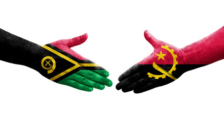 Handshake between Angola and Vanuatu flags painted on hands, isolated transparent image.