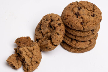 Chocolate chip cookies isolated on white background, Homemad cookies close up.