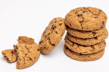 Chocolate chip cookies isolated on white background, Homemad cookies close up.