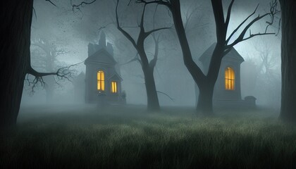 halloween background, digital illustration of  victorian haunted house  with candlelight in the window in a dense spooky forest 