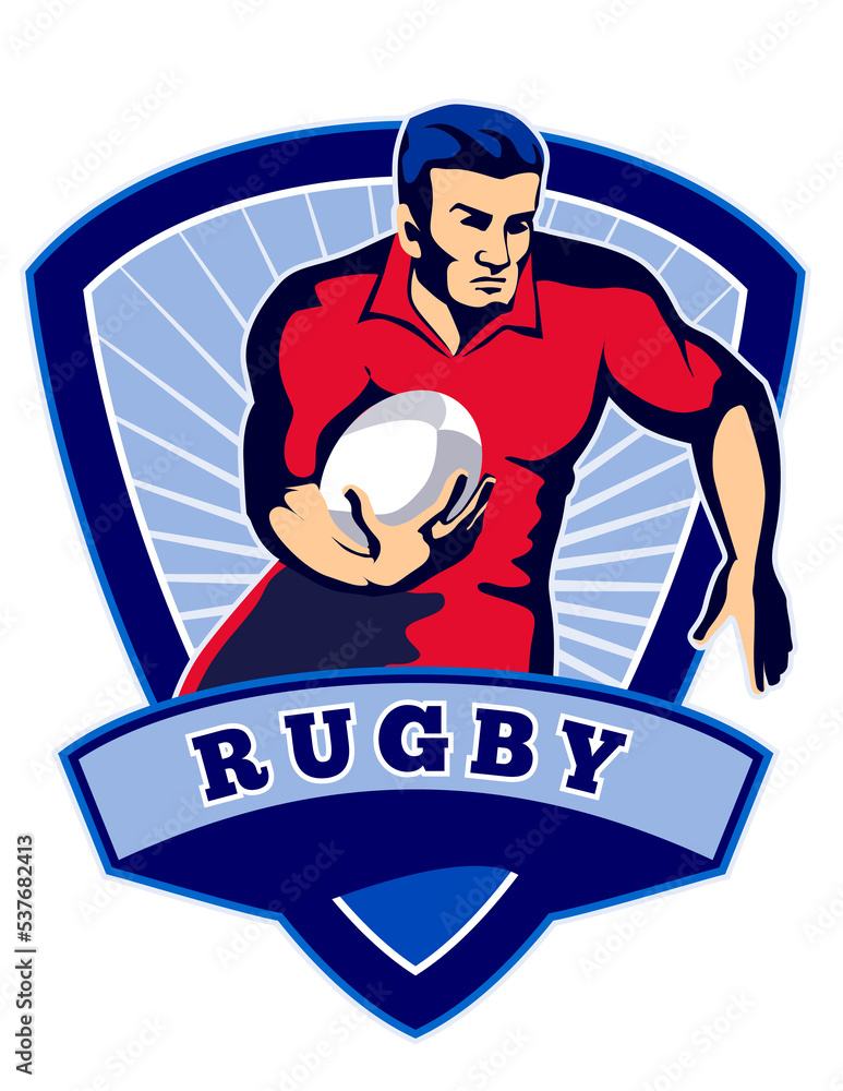 Poster illustration of a rugby player running with ball facing front with shield in background and words 
