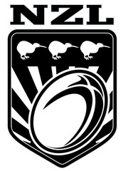 illustration of a rugby ball set inside shield with kiwi bird and words NZL "new zealand " in all black and white