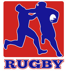 illustration of a Rugby player running fending off tackle with square shape in background - obrazy, fototapety, plakaty
