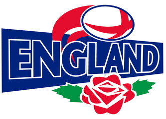 illustration of a rugby ball flying with english red rose and words england