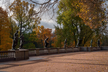 View of the granite terrace with statues in the Catherine Park in Tsarskoye Selo on a sunny autumn...