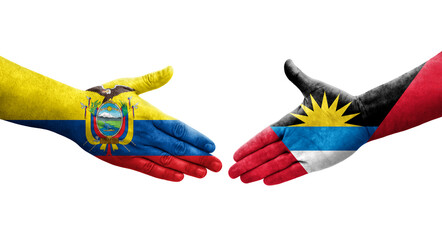 Handshake between Antigua and Barbuda and Ecuador flags painted on hands, isolated transparent image.