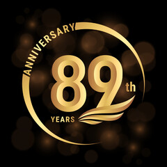 89th Anniversary Logo, Logo design with gold color wings for poster, banner, brochure, magazine, web, booklet, invitation or greeting card. Vector illustration