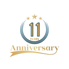11 Year Anniversary Vector Template Design Illustration. Gold And Blue color design with ribbon