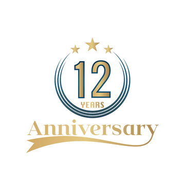 12 Year Anniversary Vector Template Design Illustration. Gold And Blue color design with ribbon