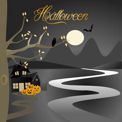 Halloween background with haunted house, river in full moon, pumpkins and trees, stock illustration