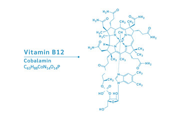Vitamin B12 structural blue outline chemical formula. Medical and scientific concepts. Isolated on white background. Vector EPS10 illustration