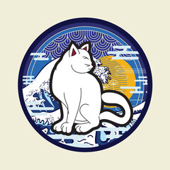 cat illustration with japanese style background