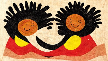 Aboriginal Australian children smiling outside, enjoying being outside in the sun and bush, concept digital illustration - obrazy, fototapety, plakaty