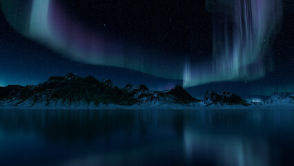 Snow covered Mountains with Aurora Borealis. Green Sky Wallpaper with copy-space.