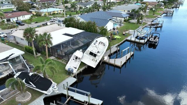 Aerial view carnage and destruction in aftermath of hurricane in USA