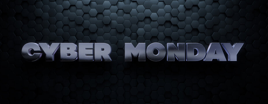 Cyber Monday Banner with Thick, Silver 3D Text against Hexagon tiles. Premium Background with copy-space.