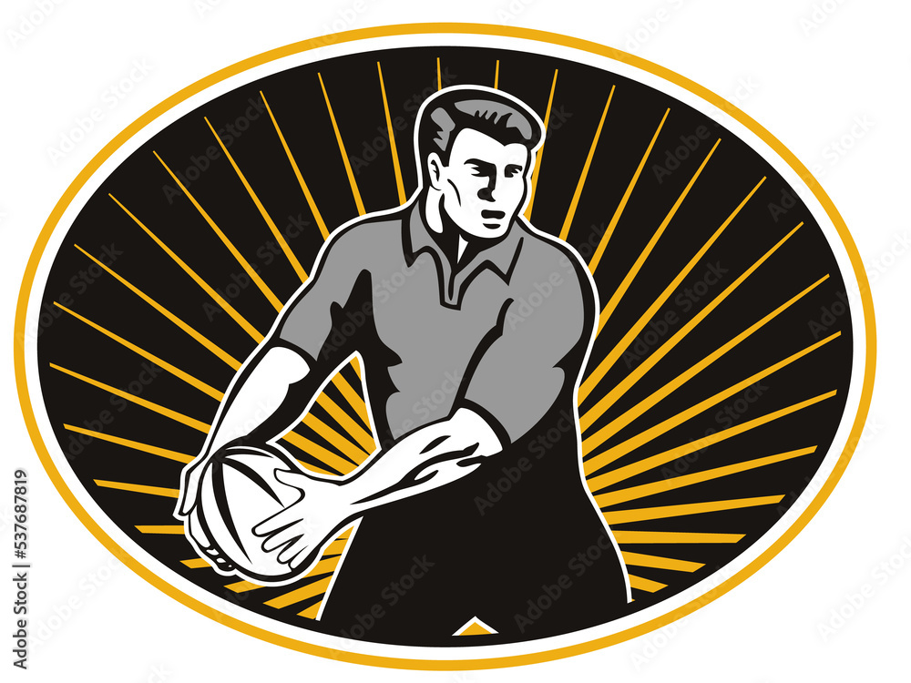 Poster retro style illustration of a rugby player passing ball viewed from front set inside ellipse