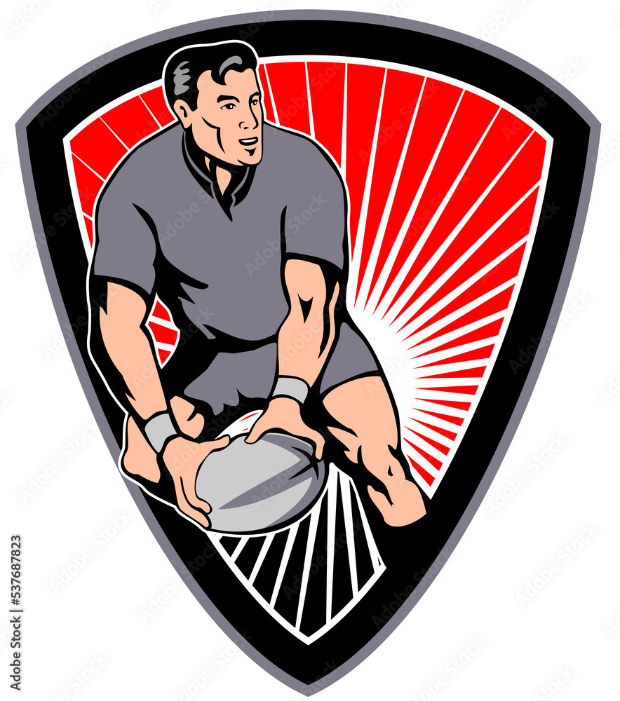 Aufkleber retro style illustration of a rugby player passing ball viewed from front with shield in background