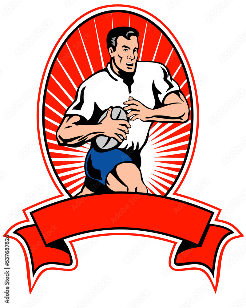 Aufkleber illustration of a rugby player running with ball set inside oval with scroll ribbon.