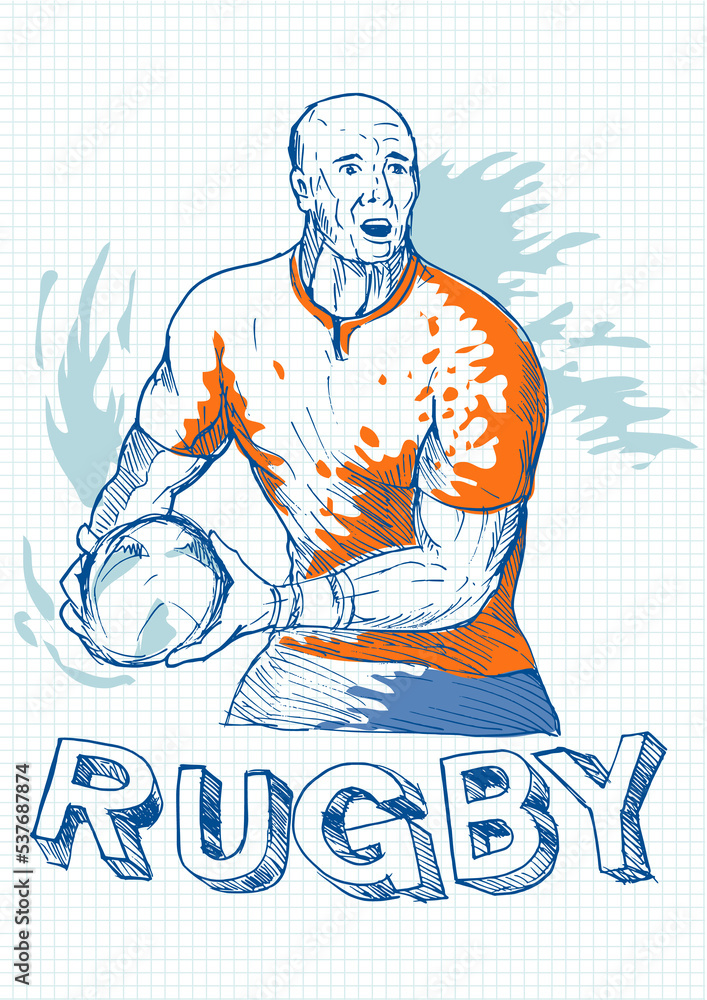 Poster illustration of a hand sketch rugby player running and passing ball with grid in the background.