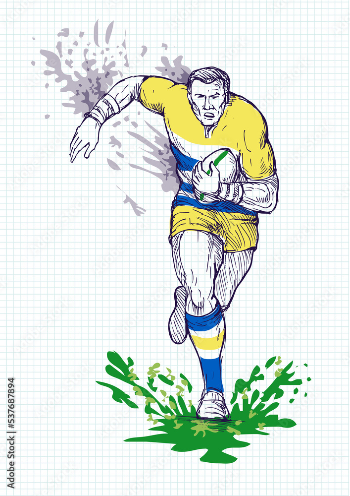 Poster illustration of a hand sketch rugby player running and passing ball with grid in the background.