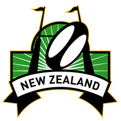 retro style illustration of a rugby ball and goal post inside rectangle with words new zealand