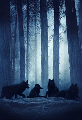 Wild pack of wolves, illustration of a dark forest