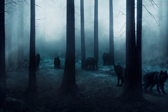Wild pack of wolves, illustration of a dark forest
