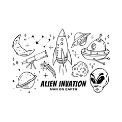 Alien ufo and space ship element vector design concept