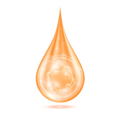 Vitamins collagen serum water drop isolated on white background. Solution complex orange shining with oxygen bubbles. Beauty skin care cosmetics. Medical scientific concepts. 3D Realistic Vector.
