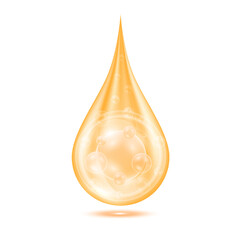 Vitamins water drop isolated on white background. Solution complex orange shining with oxygen bubbles. Beauty skin care cosmetics. Medical scientific concepts. 3D Realistic Vector.