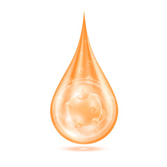Vitamins serum water drop isolated on white background. Solution complex orange shining with oxygen bubbles. Beauty skin care cosmetics. Medical scientific concepts. 3D Realistic Vector.