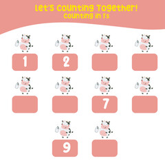 Counting in 1's printable worksheet for toddlers. Counting printable page farm animals. cute vector illustration file.  Counting practice for kids. Vector file. Kawaii hand drawing vector. 