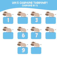 Counting in 1's printable worksheet for toddlers. Counting printable page farm animals. cute vector illustration file.  Counting practice for kids. Vector file. Kawaii hand drawing vector. 