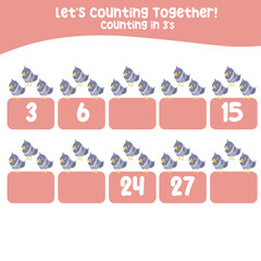 Fototapeta premium Counting in 3's printable worksheet for toddlers. Counting printable page farm animals. cute vector illustration file. Kawaii hand drawing vector.