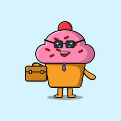 Cute cartoon Cupcake businessman character holding suitcase illustration