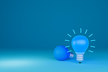 3d illustration of blue neon light bulb technology, innovation, modern and business concept, and industry, isolated on a silver background.